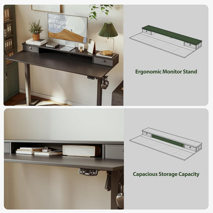 48 * 24 Inch Electric Standing Desk with Shelf & Led, Dark Walnut