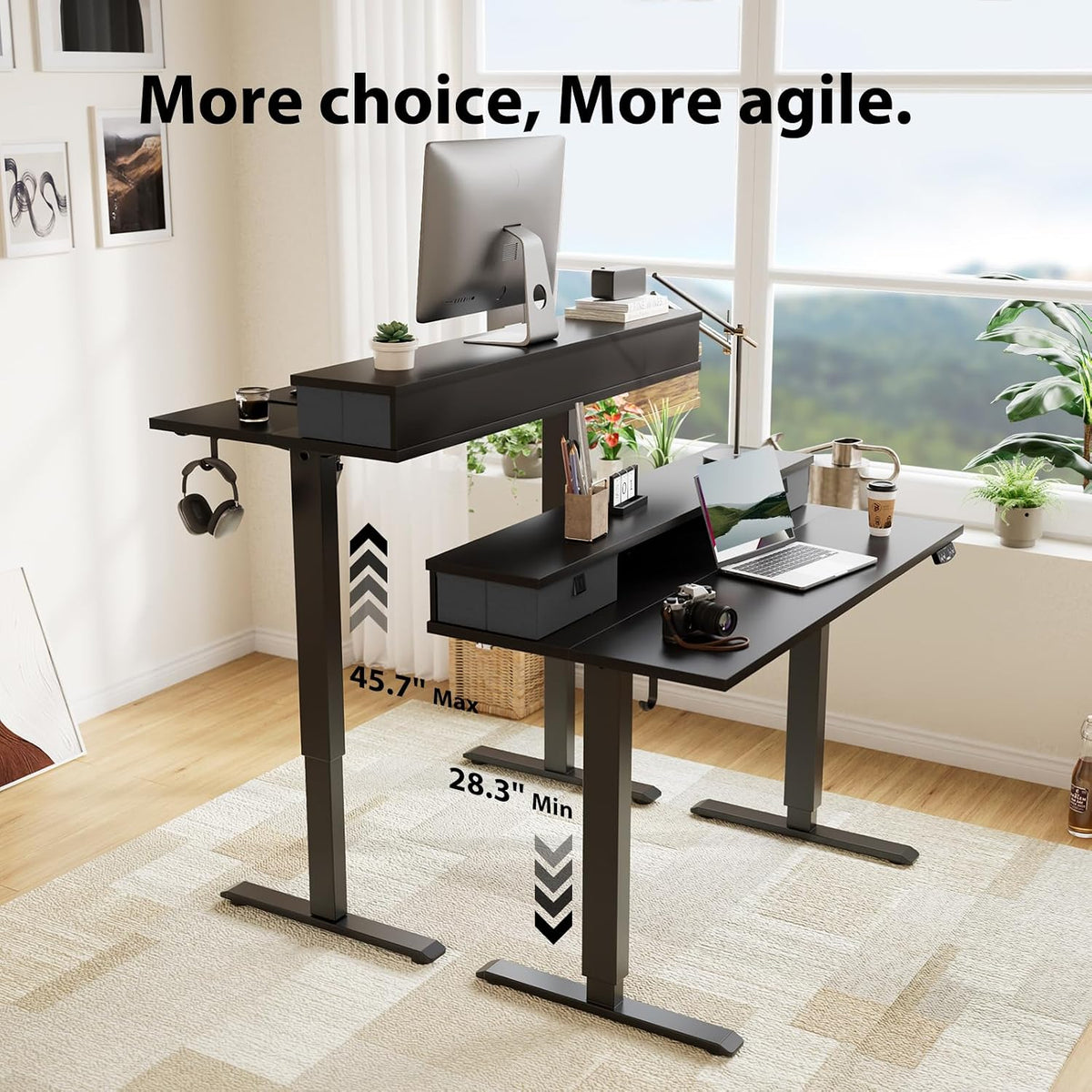 48 * 24 Inch Electric Standing Desk with Shelf & Led, Dark Walnut