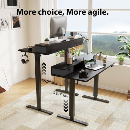 48 * 24 Inch Electric Standing Desk with Shelf & Led, Dark Walnut