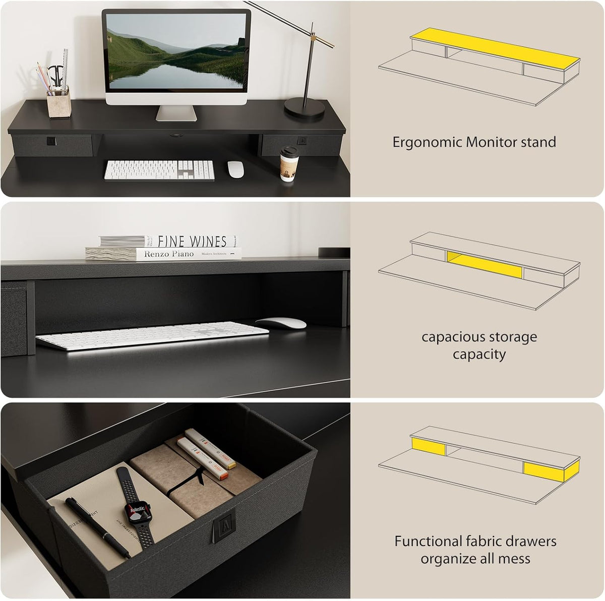 48 * 24 Inch Electric Standing Desk with Shelf & Led, Dark Walnut