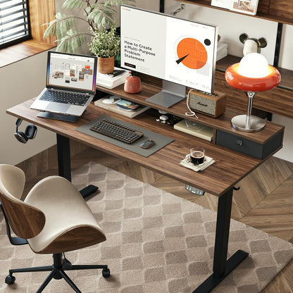 48 * 24 Inch Electric Standing Desk with Shelf & Led, Dark Walnut
