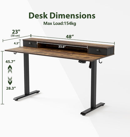 48 * 24 Inch Electric Standing Desk with Shelf & Led, Dark Walnut