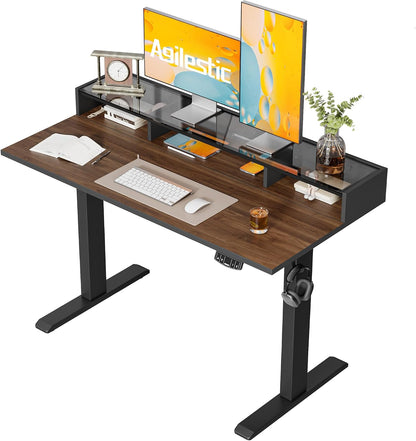 48 * 24 Inch Electric Standing Desk with Shelf & Led, Dark Walnut