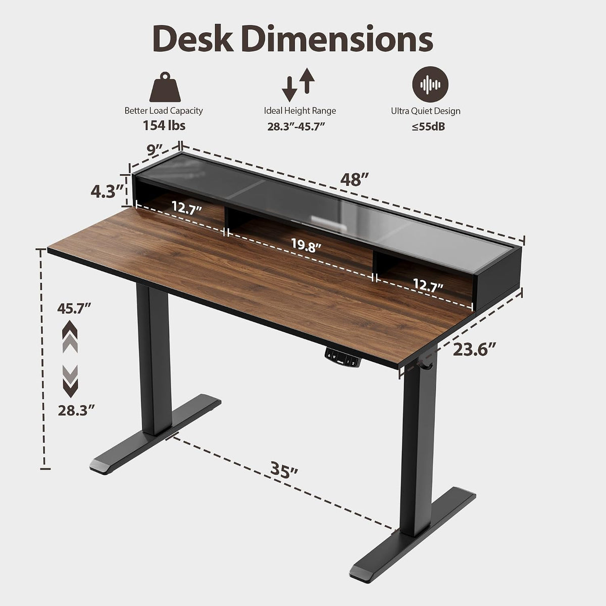 48 * 24 Inch Electric Standing Desk with Shelf & Led, Dark Walnut