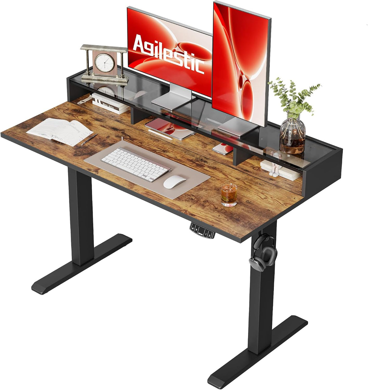 48 * 24 Inch Electric Standing Desk with Shelf & Led, Dark Walnut