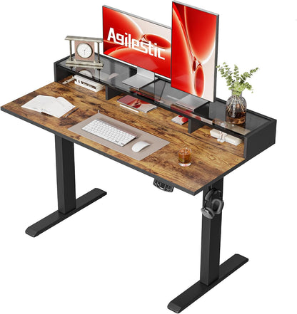 48 * 24 Inch Electric Standing Desk with Shelf & Led, Dark Walnut