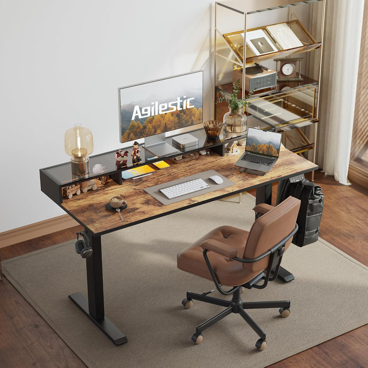 48 * 24 Inch Electric Standing Desk with Shelf & Led, Dark Walnut