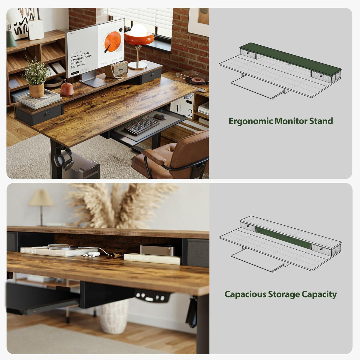 48 * 24 Inch Electric Standing Desk with Shelf & Led, Dark Walnut