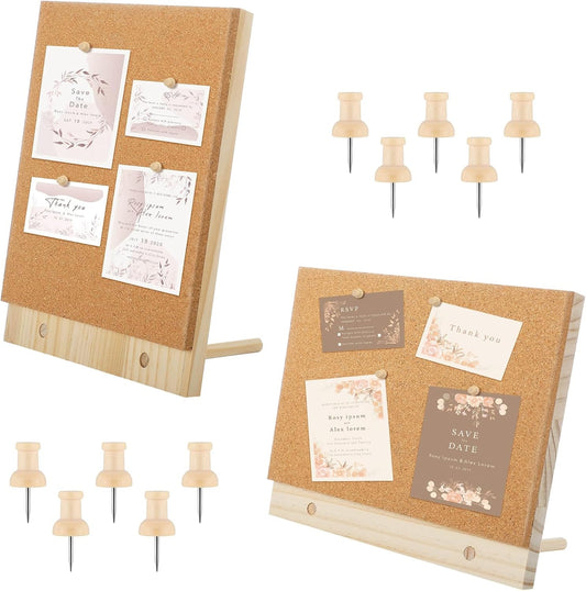 2 Pcs Desktop Cork Board 9.8'' x 8.3'' Wood Frame Bulletin Board with 12 Push Pins Display Message Memo Picture Boards for Home Office School Wall Decor