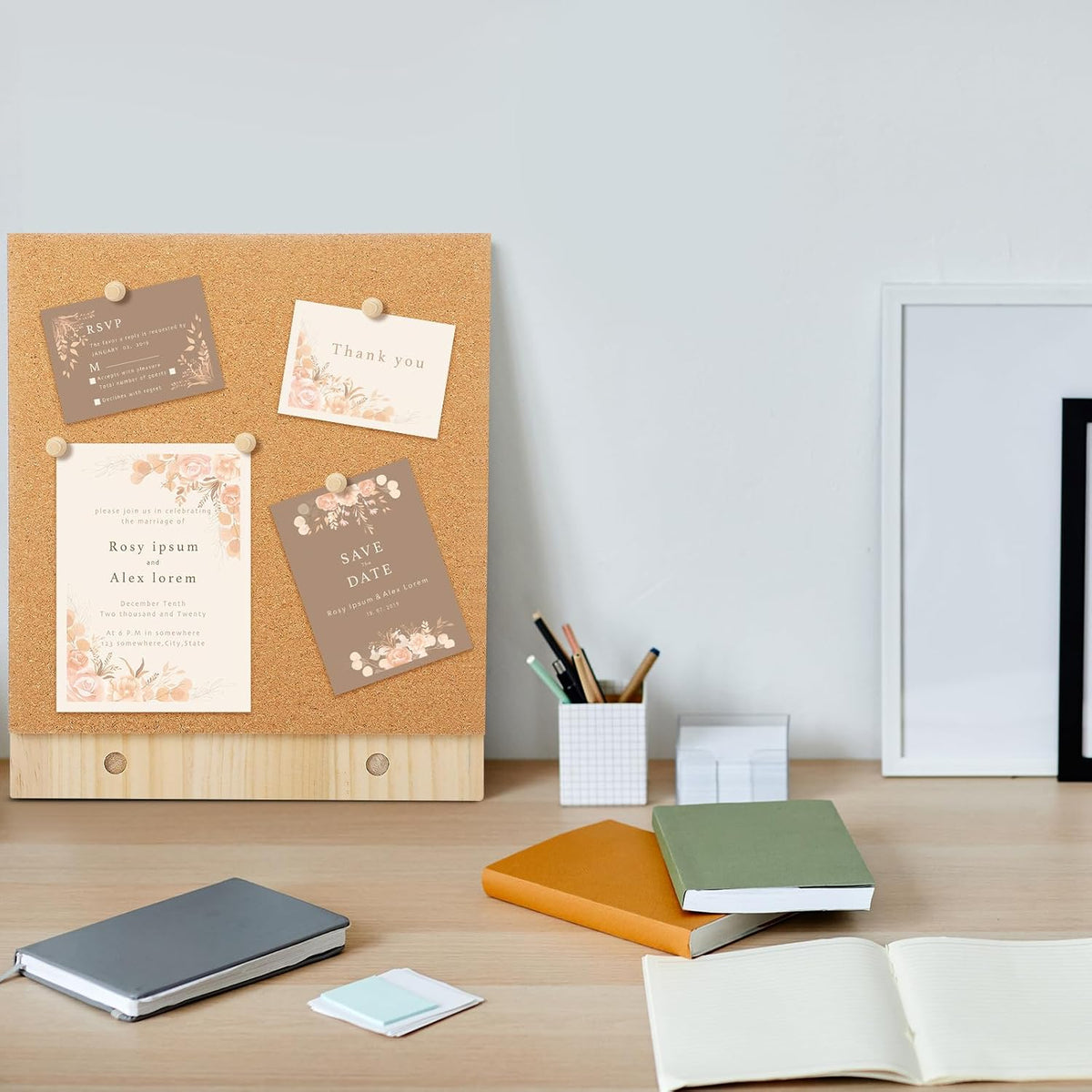 2 Pcs Desktop Cork Board 9.8'' x 8.3'' Wood Frame Bulletin Board with 12 Push Pins Display Message Memo Picture Boards for Home Office School Wall Decor