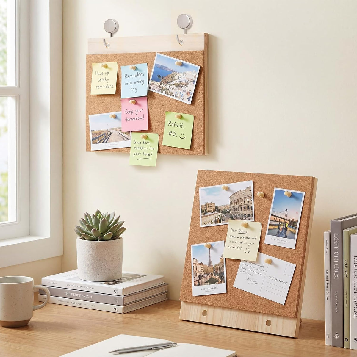 2 Pcs Desktop Cork Board 9.8'' x 8.3'' Wood Frame Bulletin Board with 12 Push Pins Display Message Memo Picture Boards for Home Office School Wall Decor