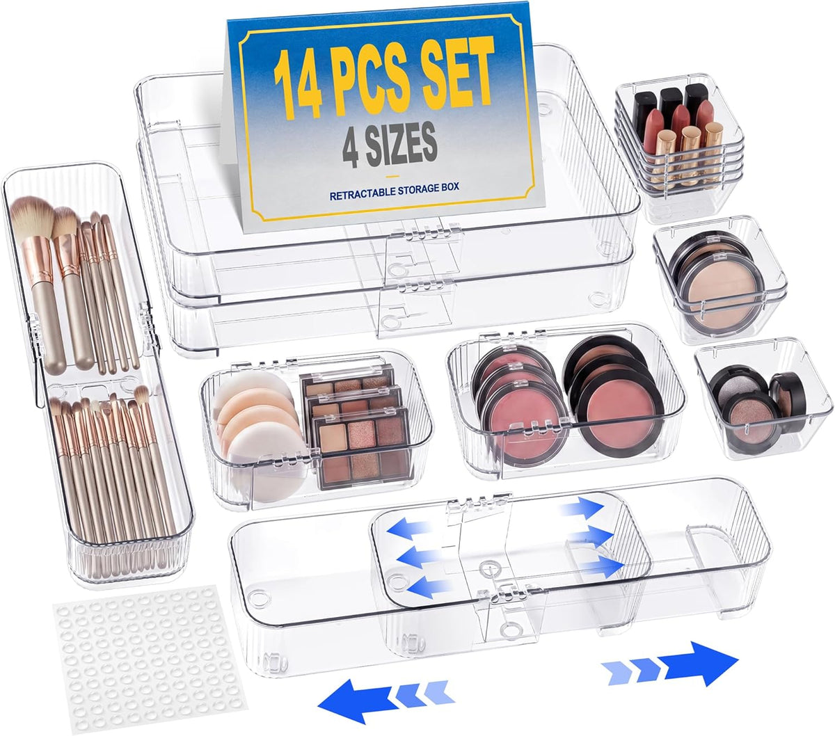 14Pcs Extendable Drawer Organizer 4-Size Expandable Drawer Organizer