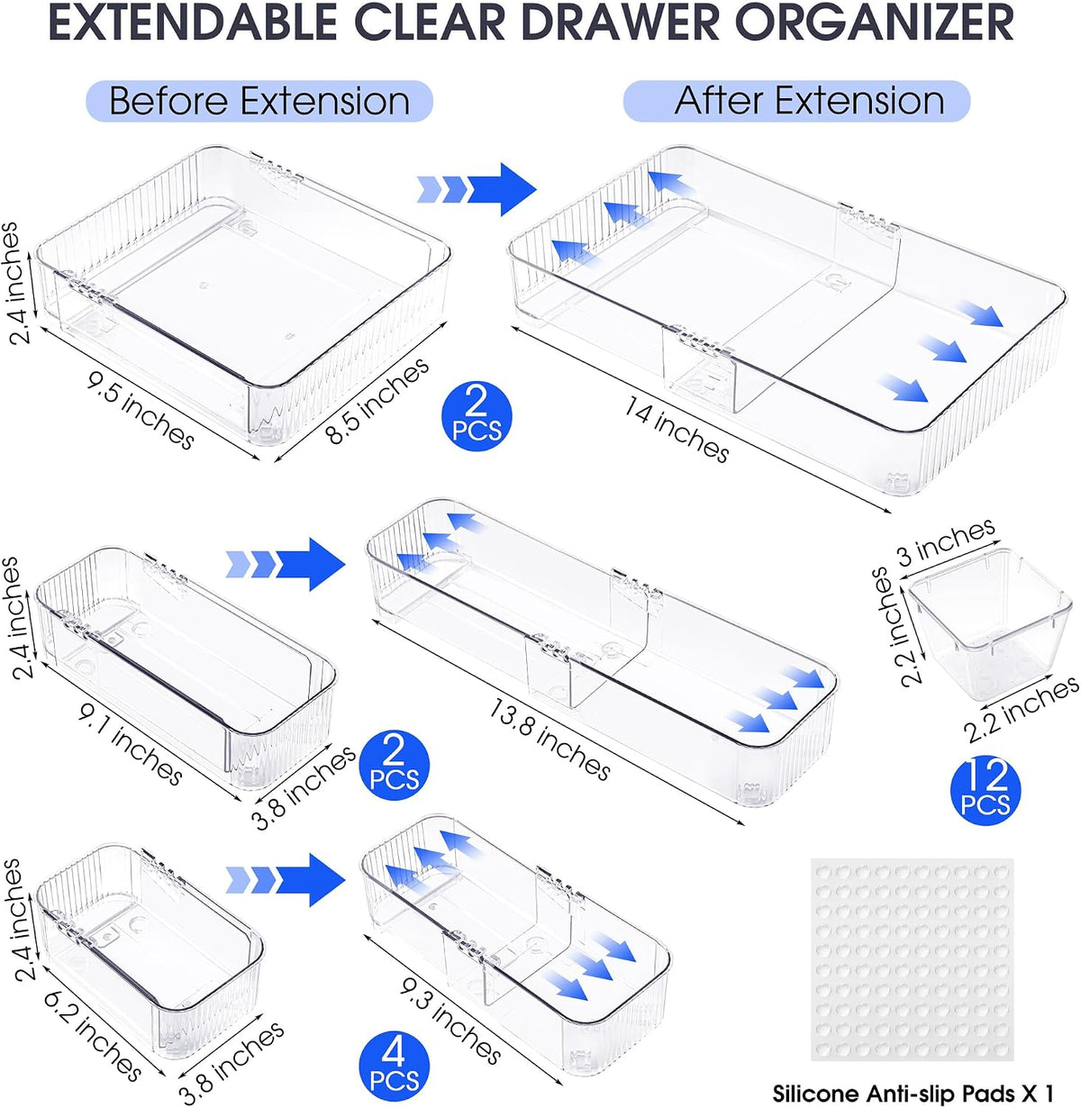 14Pcs Extendable Drawer Organizer 4-Size Expandable Drawer Organizer
