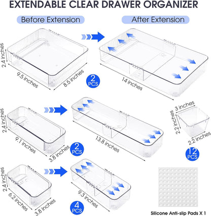 14Pcs Extendable Drawer Organizer 4-Size Expandable Drawer Organizer