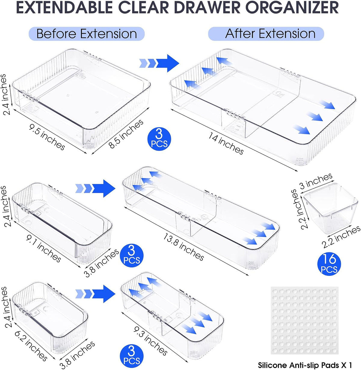 14Pcs Extendable Drawer Organizer 4-Size Expandable Drawer Organizer
