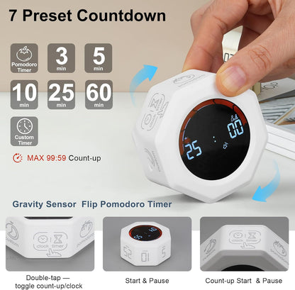 Small Productivity Timer, Pomodoro Timer with 5 Presets (White)