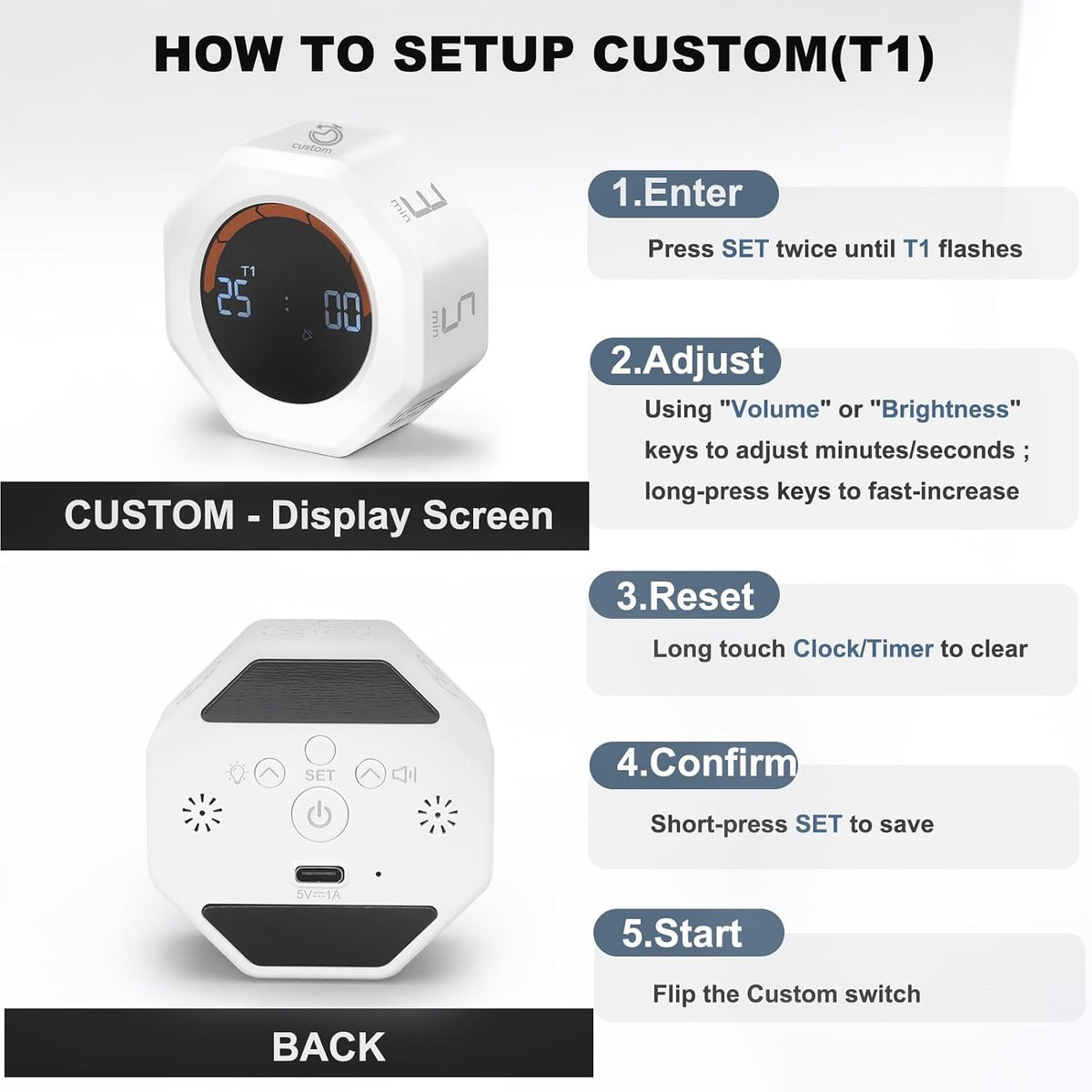 Small Productivity Timer, Pomodoro Timer with 5 Presets (White)