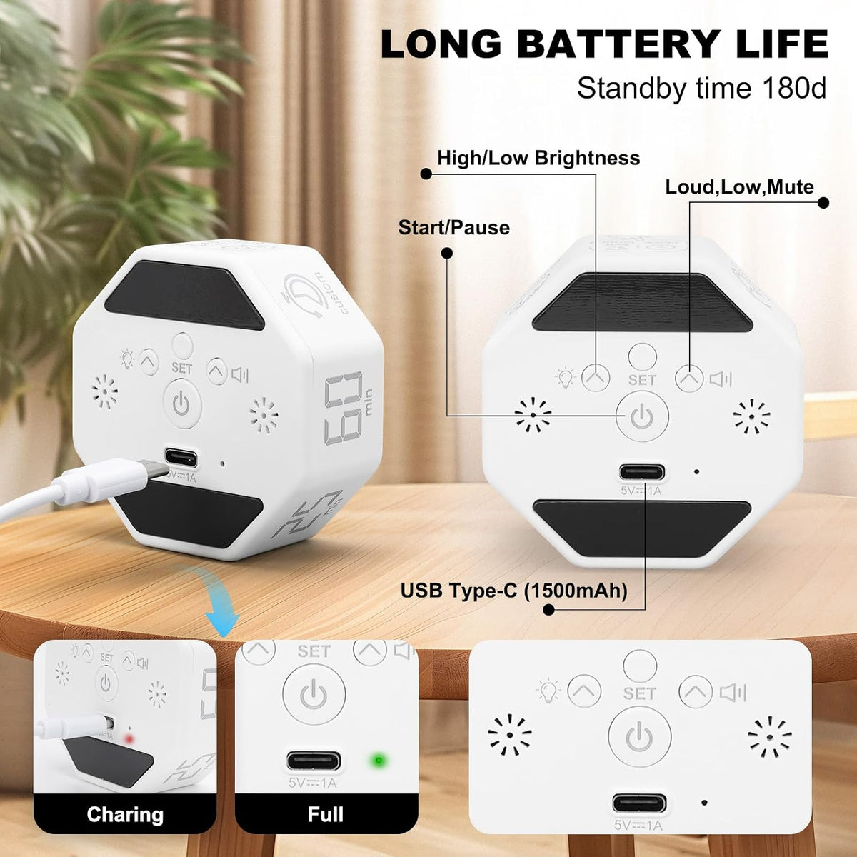 Small Productivity Timer, Pomodoro Timer with 5 Presets (White)