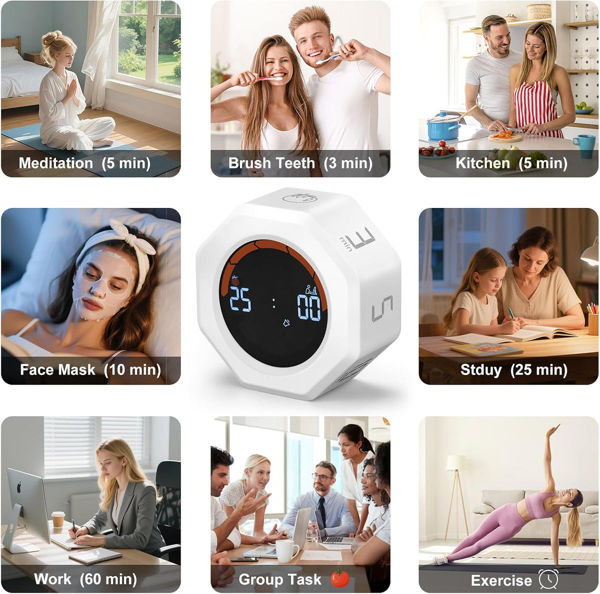 Small Productivity Timer, Pomodoro Timer with 5 Presets (White)