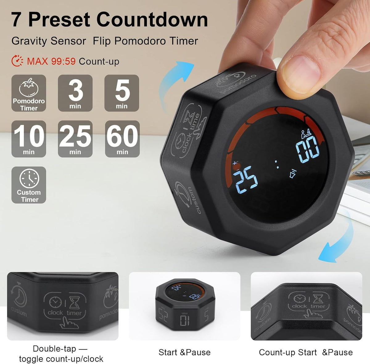 Small Productivity Timer, Pomodoro Timer with 5 Presets (White)