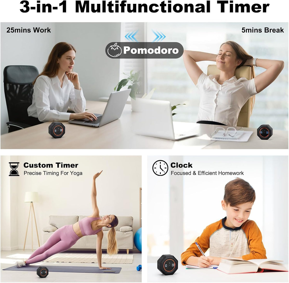Small Productivity Timer, Pomodoro Timer with 5 Presets (White)