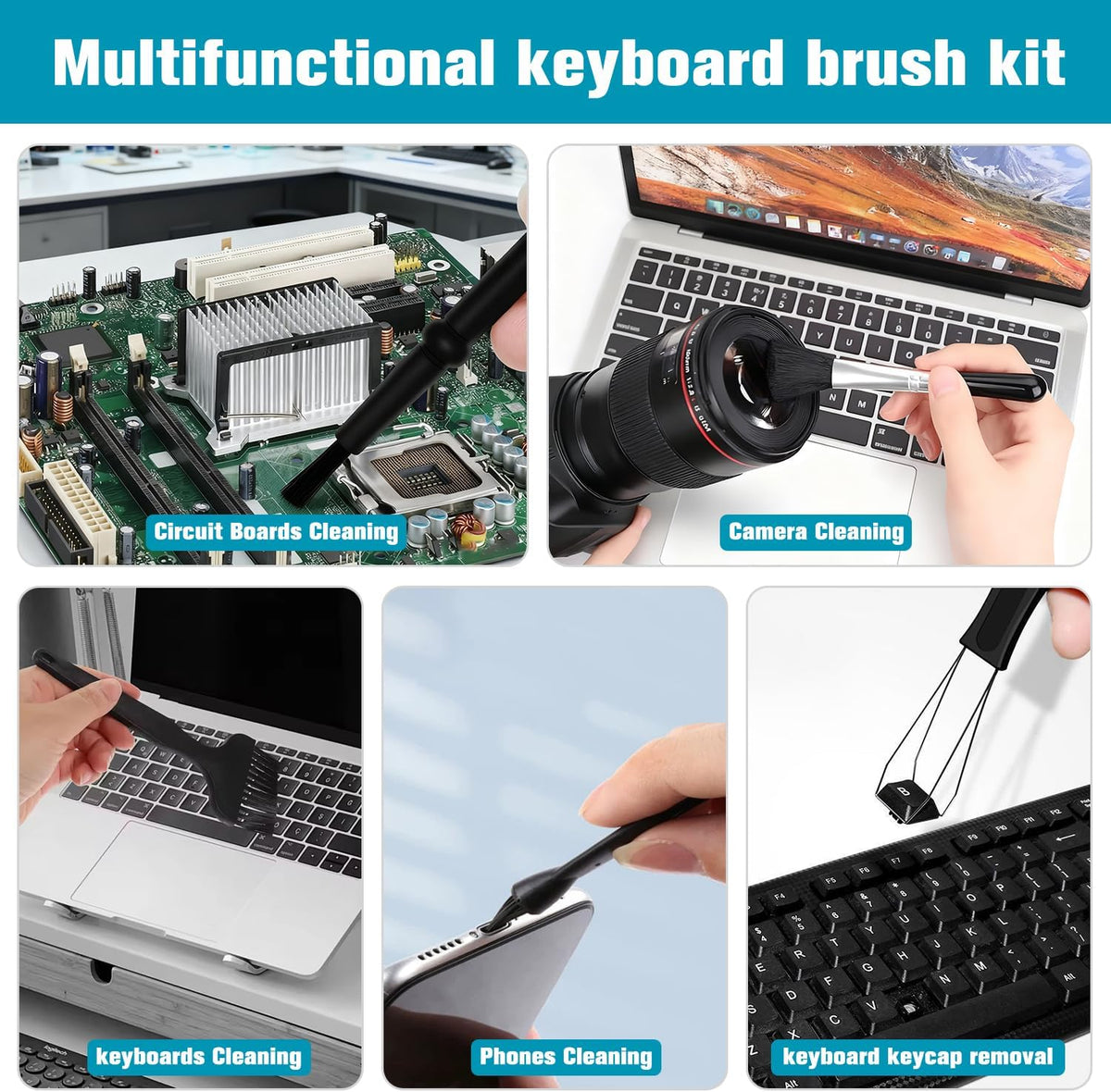 6PCS Keyboard Brush Cleaner Kit with Keycap Puller & Switch Puller, PP Handle Nylon Small Space Dust Removal Anti Static Brush for Computer Keyboard Electrical Appliance Seam Motherboard Camera