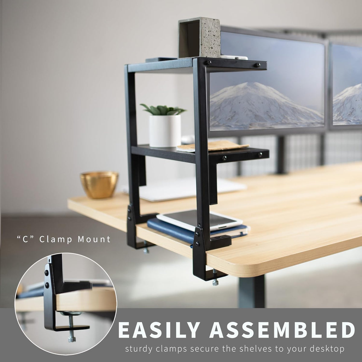 Black Clamp-on 13 inch 2-Tier Desk Shelf, STAND-SHELF2C