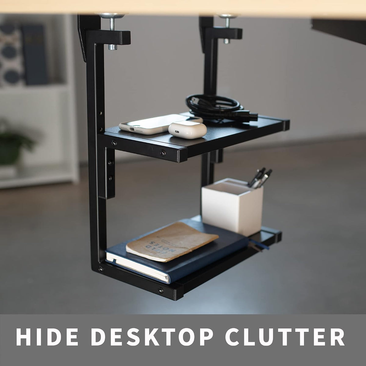 Black Clamp-on 13 inch 2-Tier Desk Shelf, STAND-SHELF2C