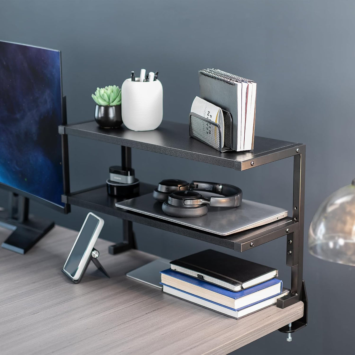 Black Clamp-on 13 inch 2-Tier Desk Shelf, STAND-SHELF2C