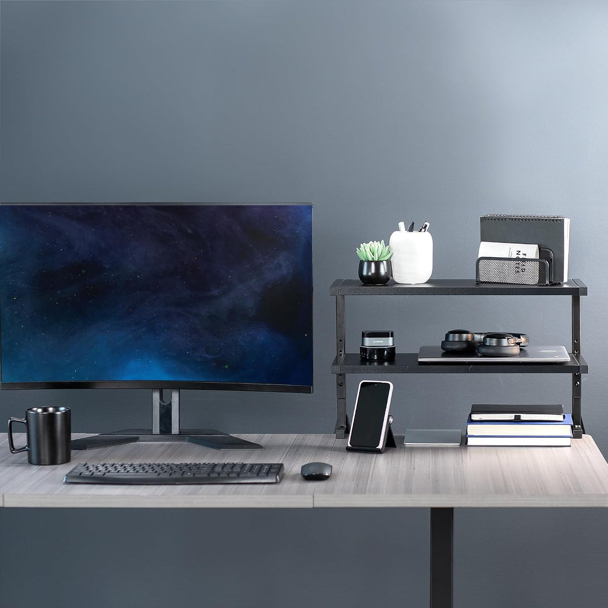Black Clamp-on 13 inch 2-Tier Desk Shelf, STAND-SHELF2C