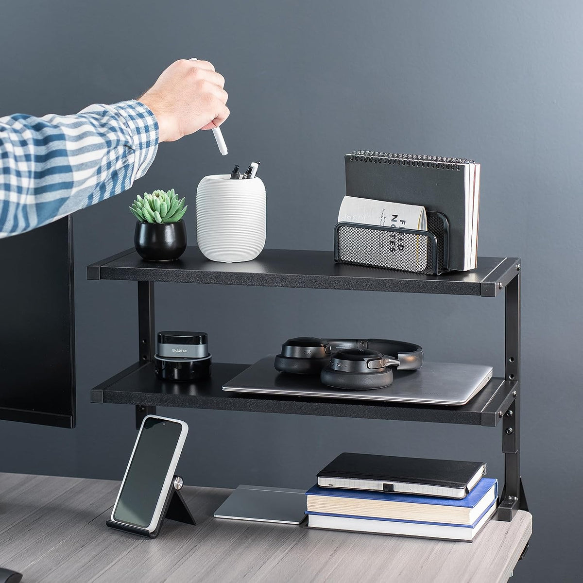 Black Clamp-on 13 inch 2-Tier Desk Shelf, STAND-SHELF2C