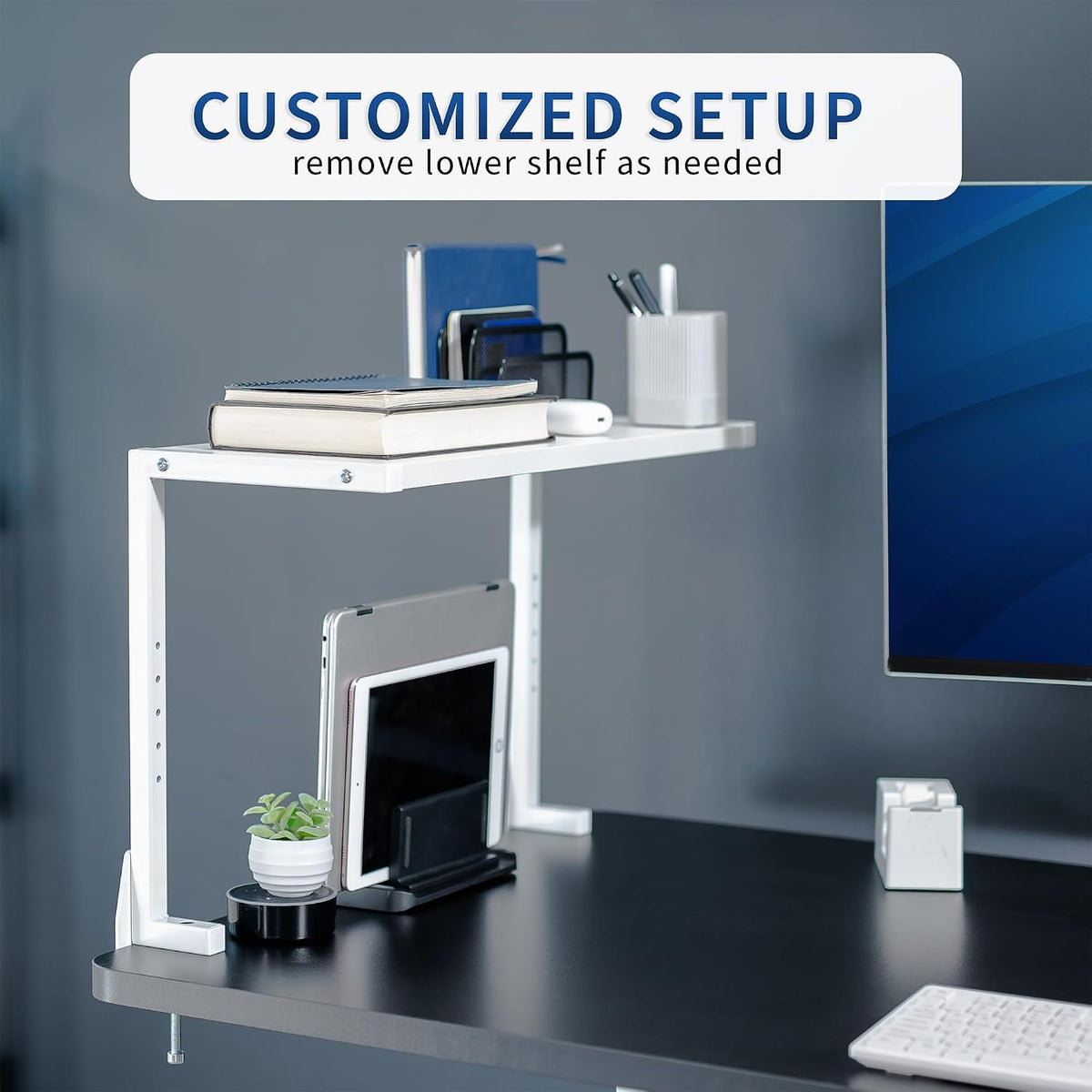 Black Clamp-on 13 inch 2-Tier Desk Shelf, STAND-SHELF2C