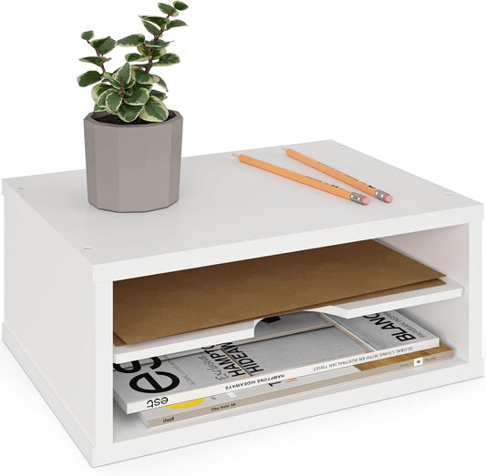 File Organizer, 2-Tier Document Paper Sorter, Stackable Wood Desk Organizer Mail Holder, Monitor Stand with Storage Shelves, White
