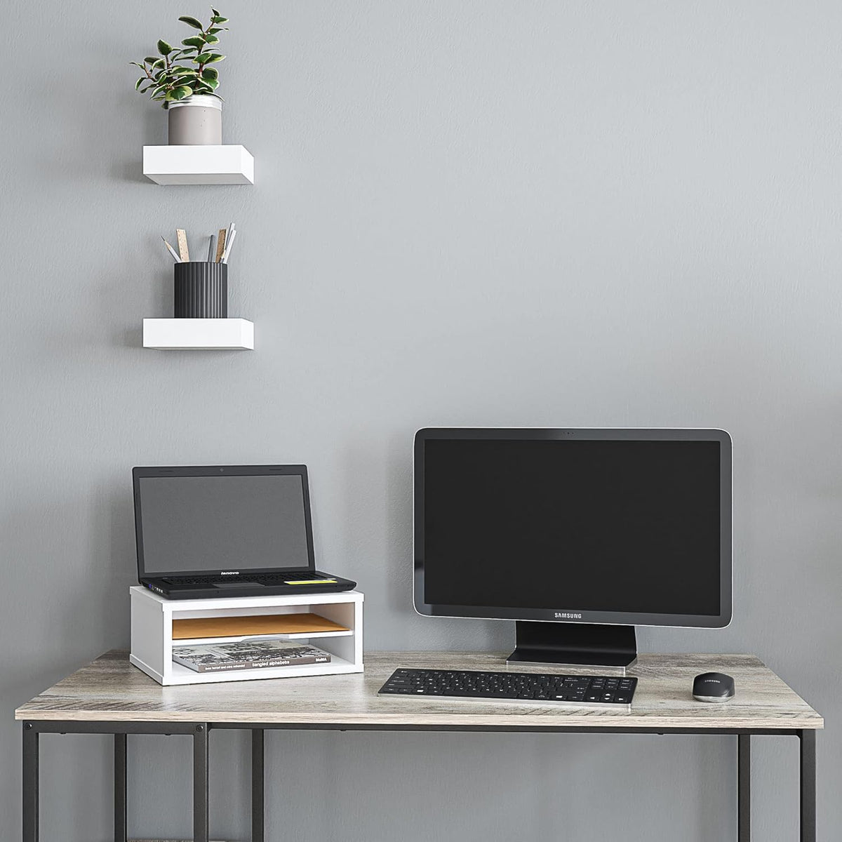 File Organizer, 2-Tier Document Paper Sorter, Stackable Wood Desk Organizer Mail Holder, Monitor Stand with Storage Shelves, White