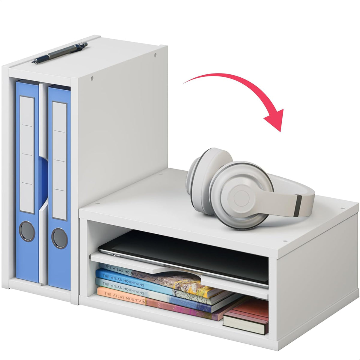 File Organizer, 2-Tier Document Paper Sorter, Stackable Wood Desk Organizer Mail Holder, Monitor Stand with Storage Shelves, White