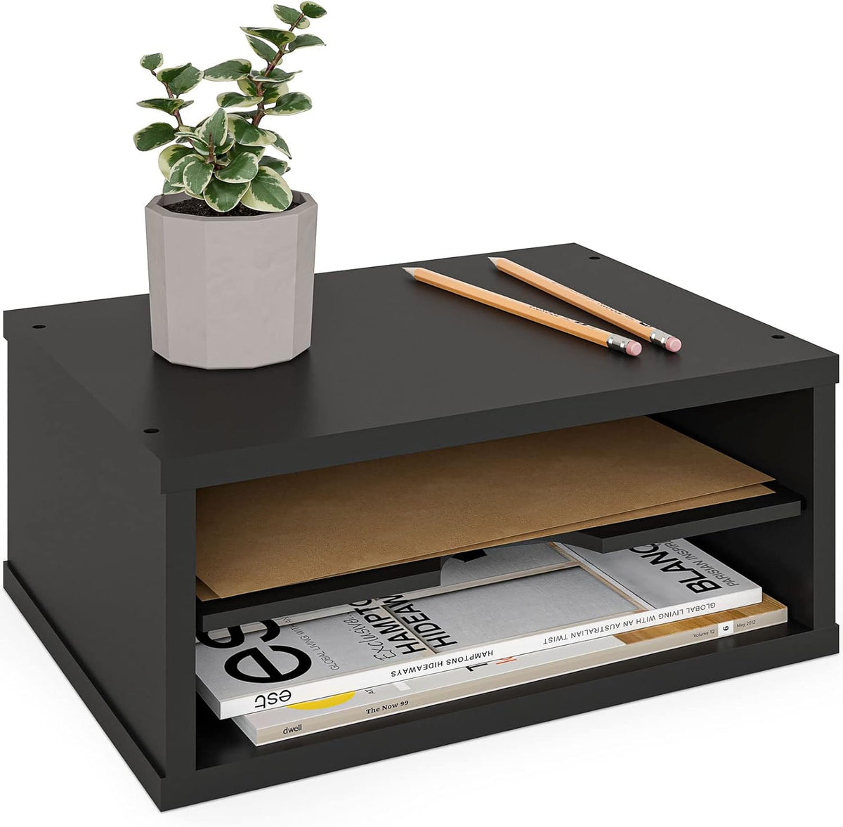 File Organizer, 2-Tier Document Paper Sorter, Stackable Wood Desk Organizer Mail Holder, Monitor Stand with Storage Shelves, White