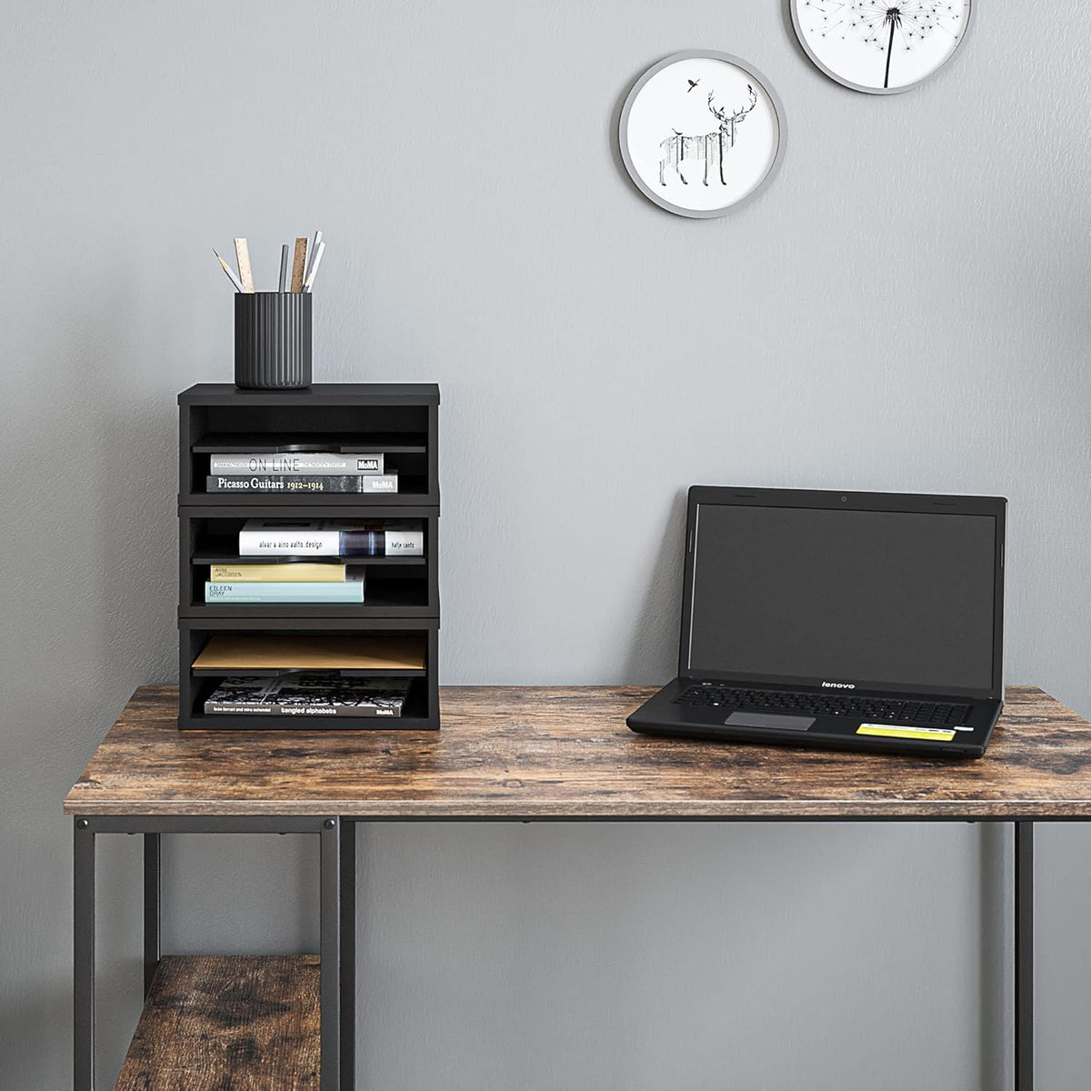 File Organizer, 2-Tier Document Paper Sorter, Stackable Wood Desk Organizer Mail Holder, Monitor Stand with Storage Shelves, White