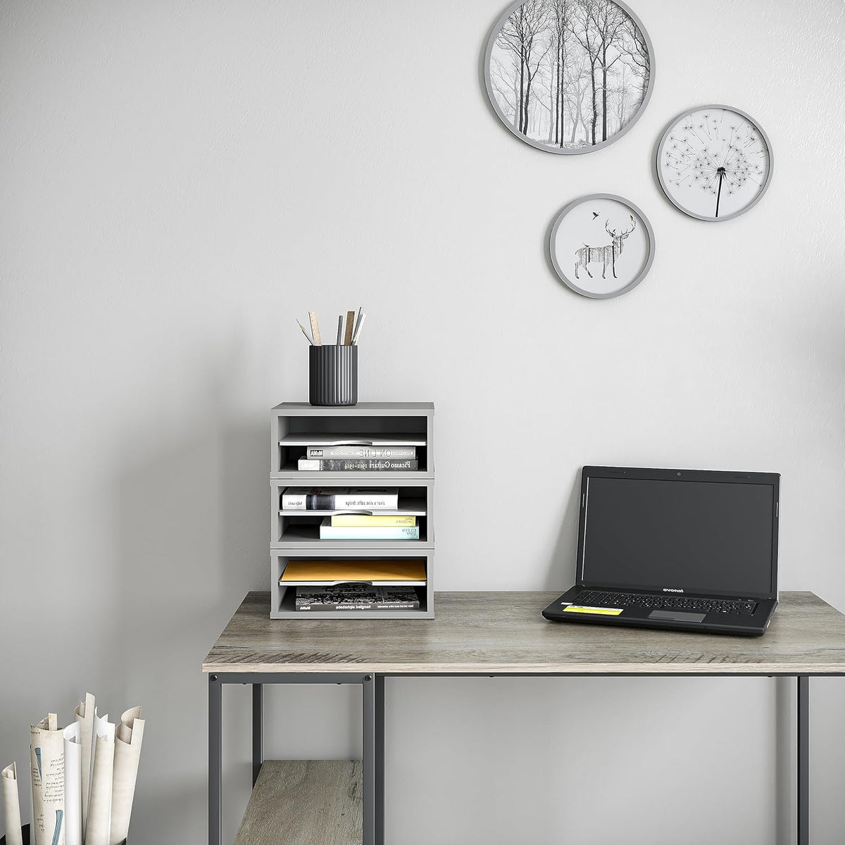 File Organizer, 2-Tier Document Paper Sorter, Stackable Wood Desk Organizer Mail Holder, Monitor Stand with Storage Shelves, White