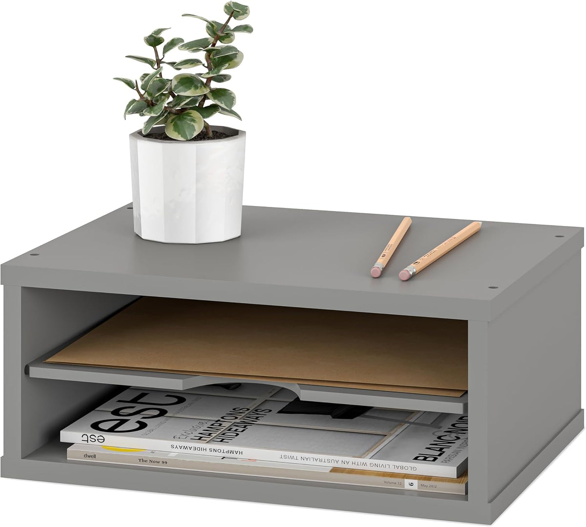 File Organizer, 2-Tier Document Paper Sorter, Stackable Wood Desk Organizer Mail Holder, Monitor Stand with Storage Shelves, White
