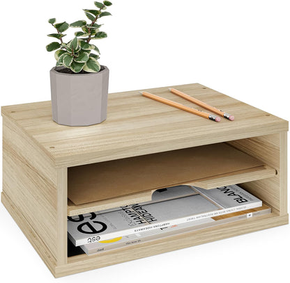 File Organizer, 2-Tier Document Paper Sorter, Stackable Wood Desk Organizer Mail Holder, Monitor Stand with Storage Shelves, White