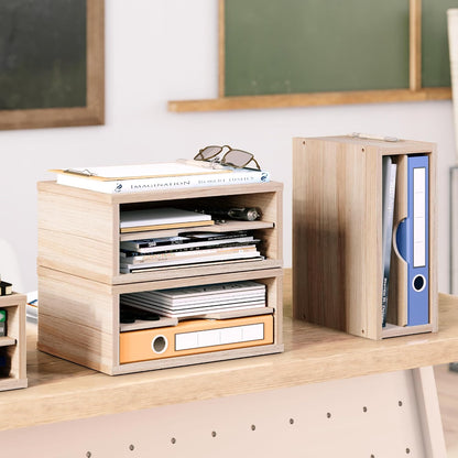 File Organizer, 2-Tier Document Paper Sorter, Stackable Wood Desk Organizer Mail Holder, Monitor Stand with Storage Shelves, White