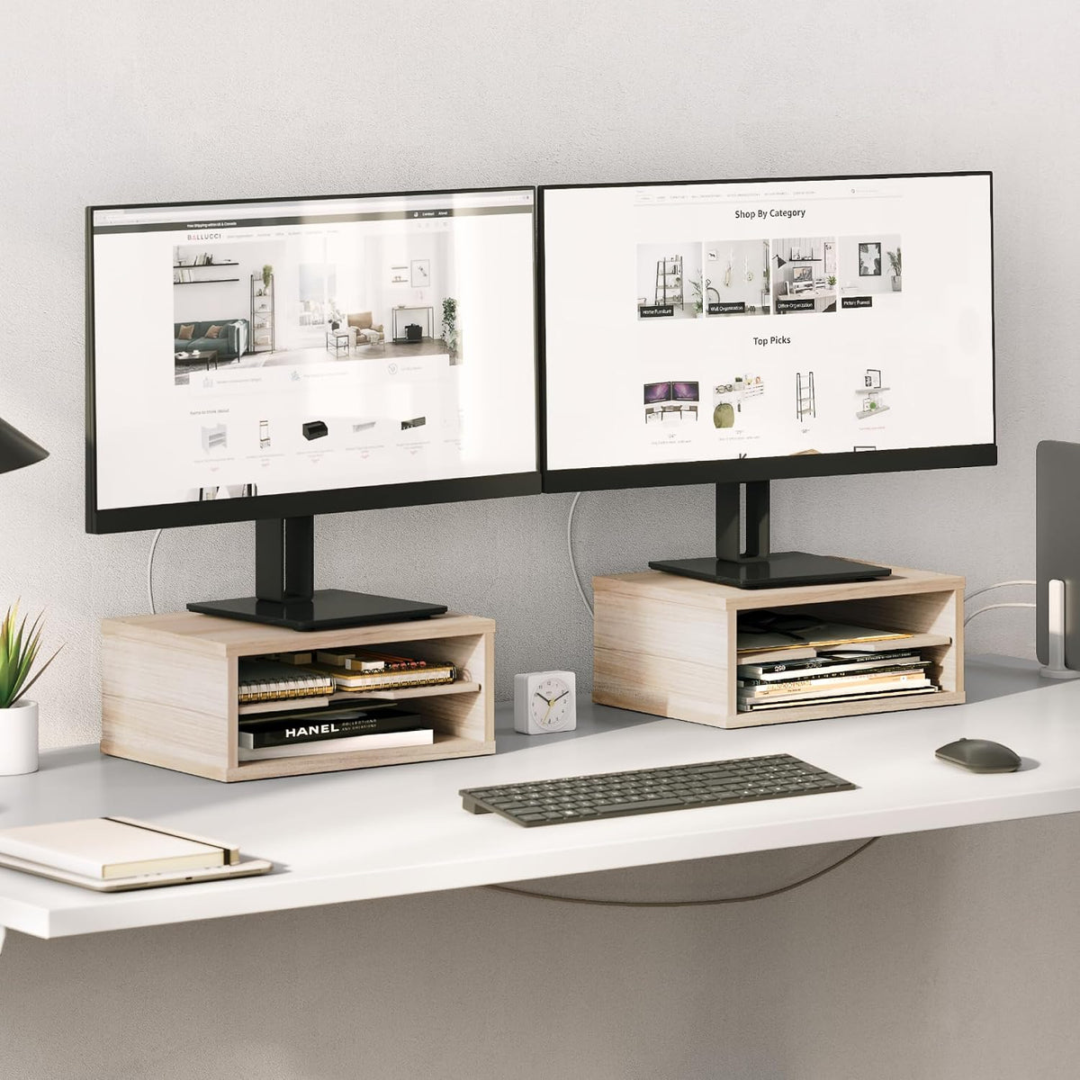 File Organizer, 2-Tier Document Paper Sorter, Stackable Wood Desk Organizer Mail Holder, Monitor Stand with Storage Shelves, White