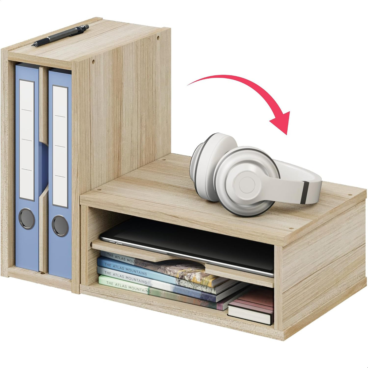 File Organizer, 2-Tier Document Paper Sorter, Stackable Wood Desk Organizer Mail Holder, Monitor Stand with Storage Shelves, White