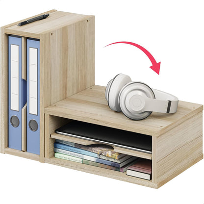File Organizer, 2-Tier Document Paper Sorter, Stackable Wood Desk Organizer Mail Holder, Monitor Stand with Storage Shelves, White