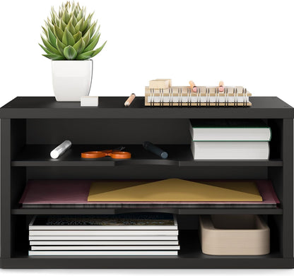 File Organizer, 2-Tier Document Paper Sorter, Stackable Wood Desk Organizer Mail Holder, Monitor Stand with Storage Shelves, White