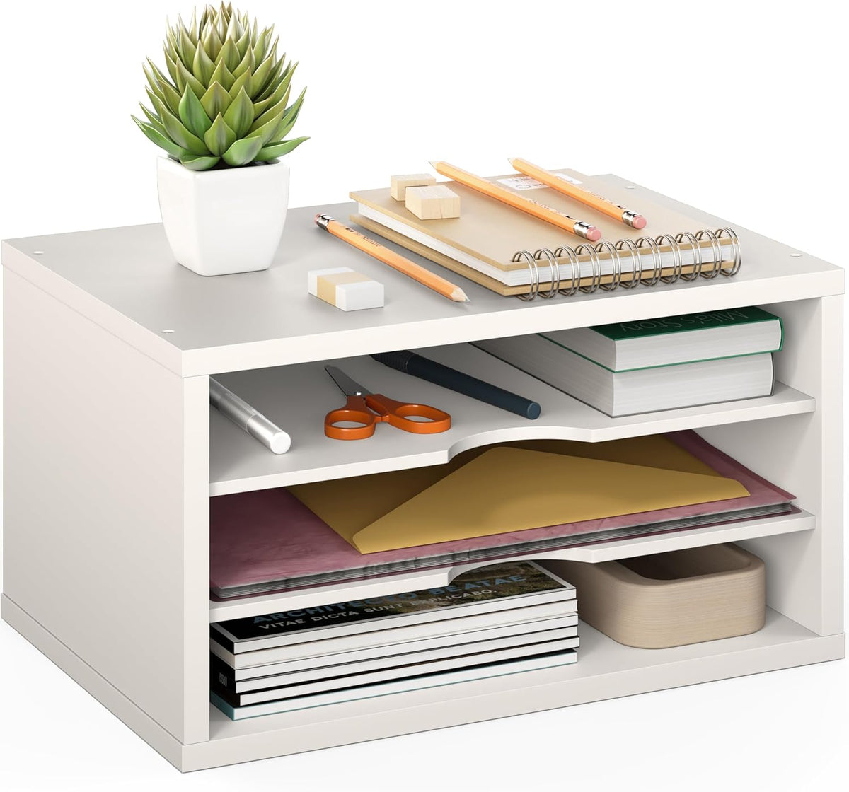 File Organizer, 2-Tier Document Paper Sorter, Stackable Wood Desk Organizer Mail Holder, Monitor Stand with Storage Shelves, White