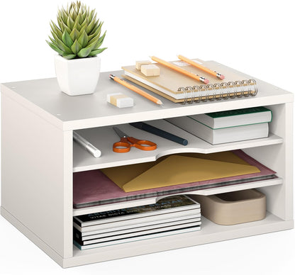 File Organizer, 2-Tier Document Paper Sorter, Stackable Wood Desk Organizer Mail Holder, Monitor Stand with Storage Shelves, White