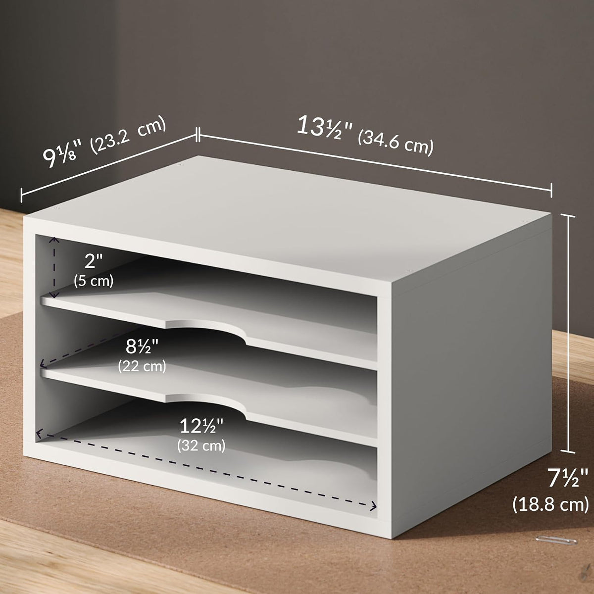 File Organizer, 2-Tier Document Paper Sorter, Stackable Wood Desk Organizer Mail Holder, Monitor Stand with Storage Shelves, White