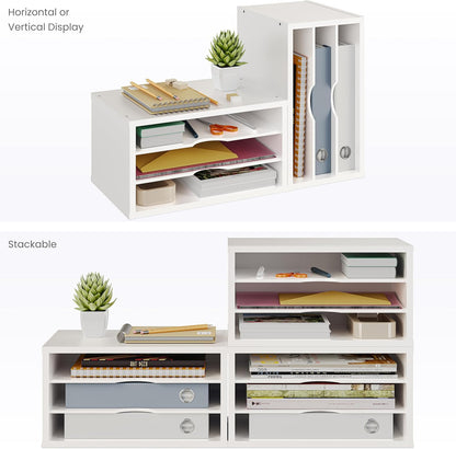 File Organizer, 2-Tier Document Paper Sorter, Stackable Wood Desk Organizer Mail Holder, Monitor Stand with Storage Shelves, White