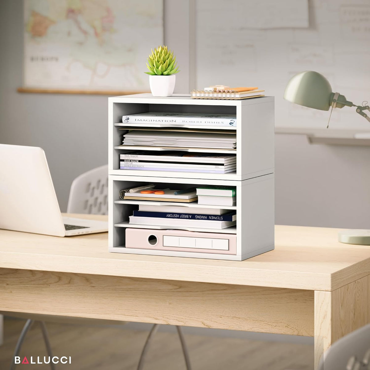 File Organizer, 2-Tier Document Paper Sorter, Stackable Wood Desk Organizer Mail Holder, Monitor Stand with Storage Shelves, White